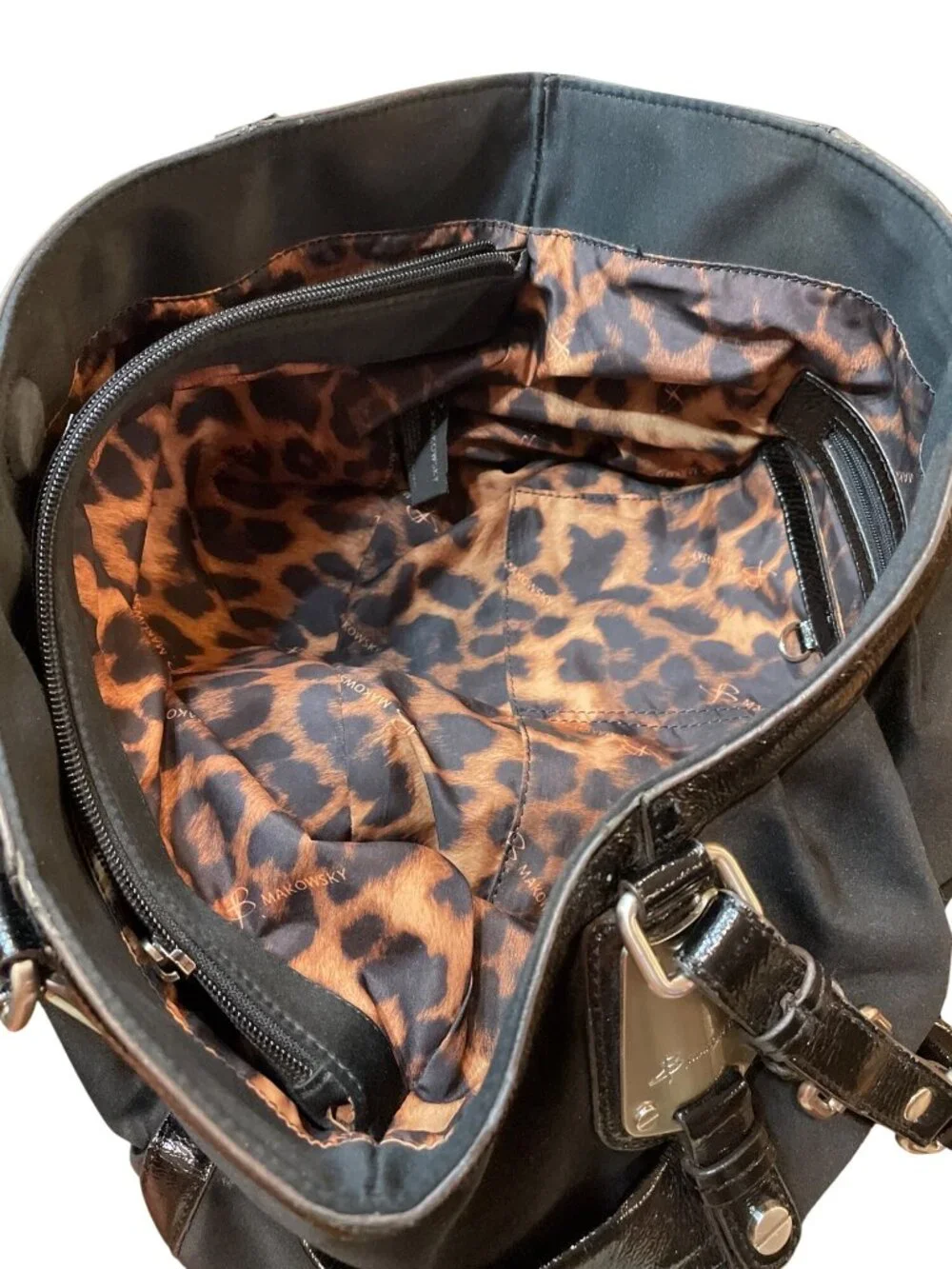 B Makowsky wms Vtg black leather canvas silver hobo shoulder handbag SKU 10537